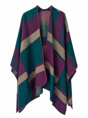 Kollie More Plaid Ruana Poncho Wrap Shawl Teal Purple One Size Boho